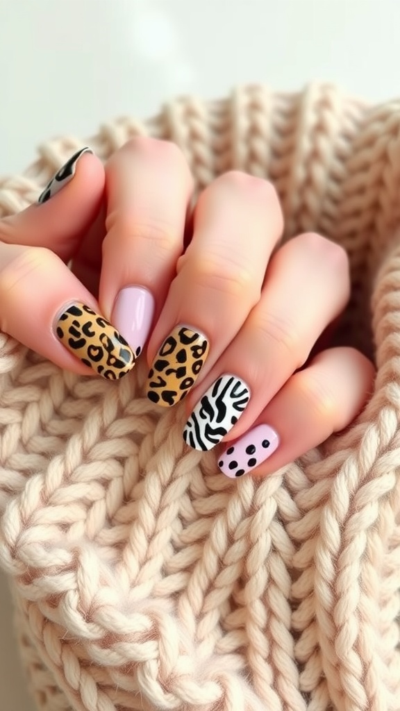 Close-up of short acrylic nails with cute animal prints including leopard, zebra, and polka dots