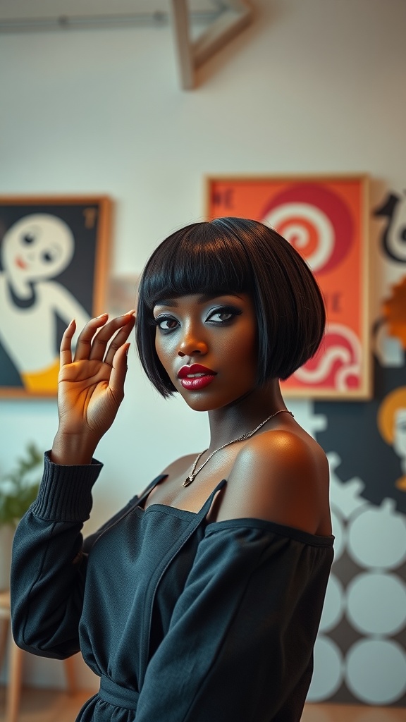 A woman with a sleek bowl cut hairstyle, wearing a black off-shoulder top and red lipstick, posing in a stylish room.
