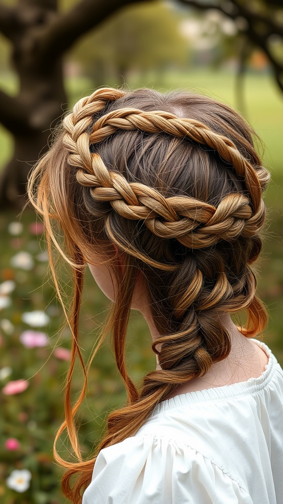 A young girl with a braided crown hairstyle and loose tendrils, surrounded by flowers in a park.