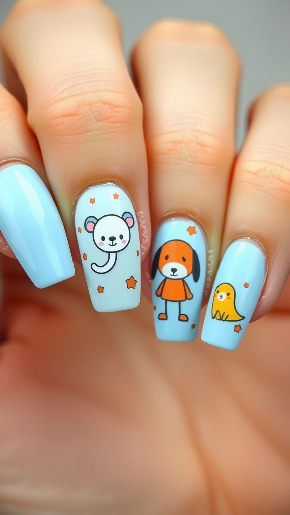 Light blue nail art featuring cute cartoon characters including a bear, a dog, and a bird.