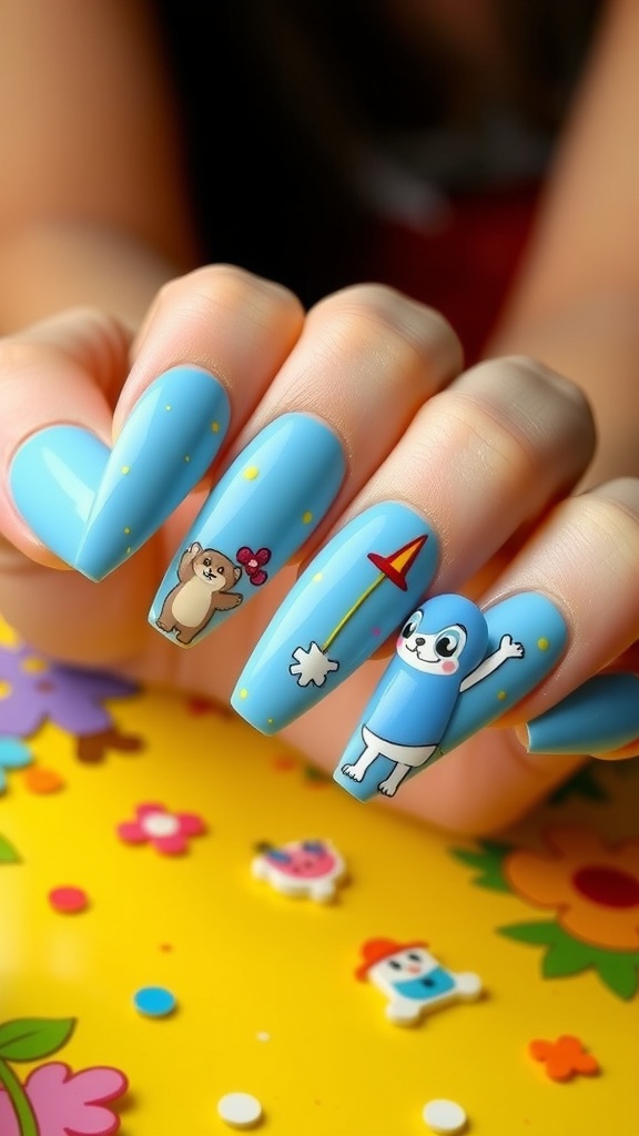 Baby blue acrylic nails featuring cute cartoon characters, including a bear and a waving character, on a colorful background.