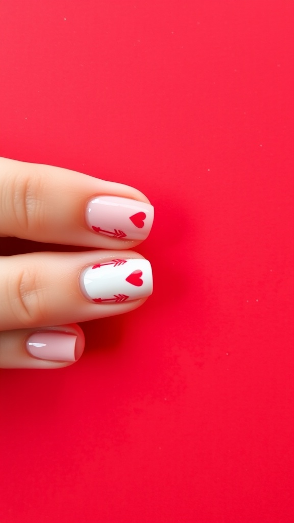 Nail art featuring red hearts and arrows on light pink nails against a red background.