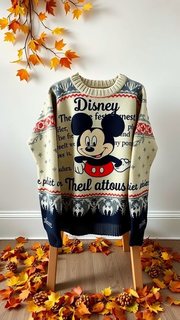 A cozy Mickey Mouse sweater displayed with autumn leaves and pinecones.