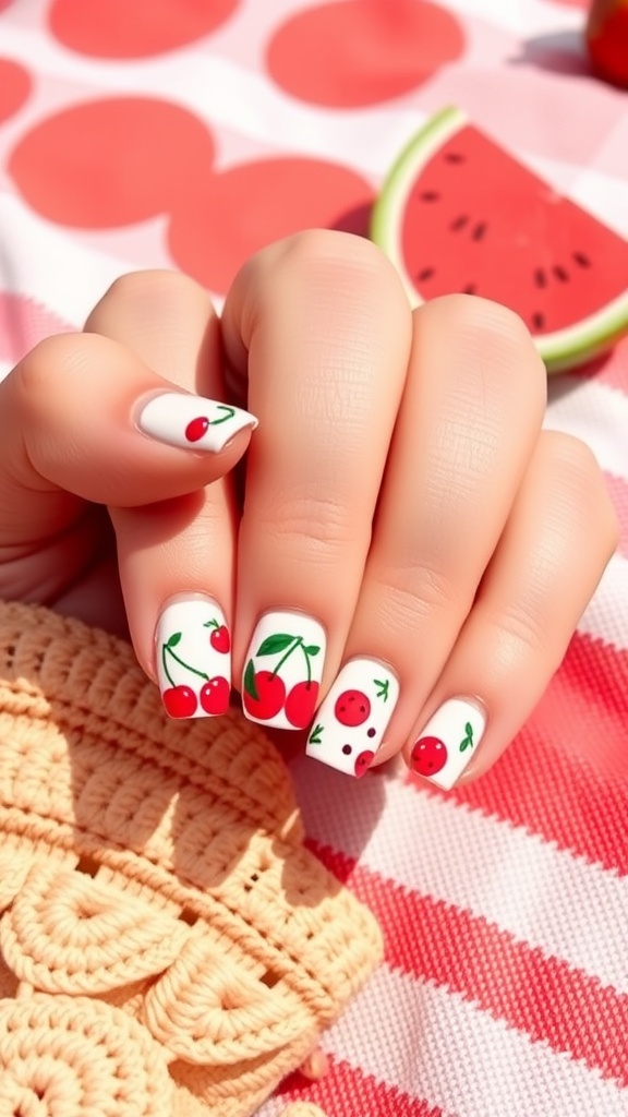 Close-up of a hand with cute fruit nail art featuring cherries on a white background.