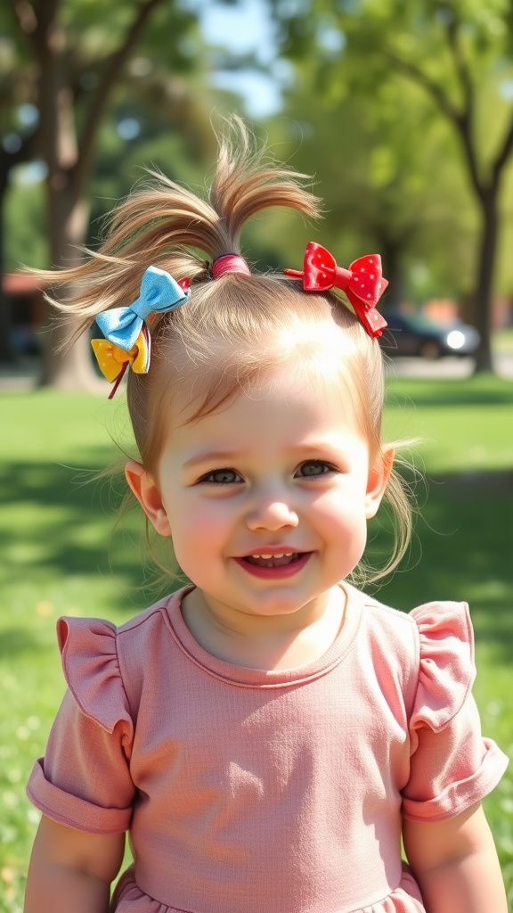 A happy toddler with a high ponytail decorated with colorful bows, smiling outdoors