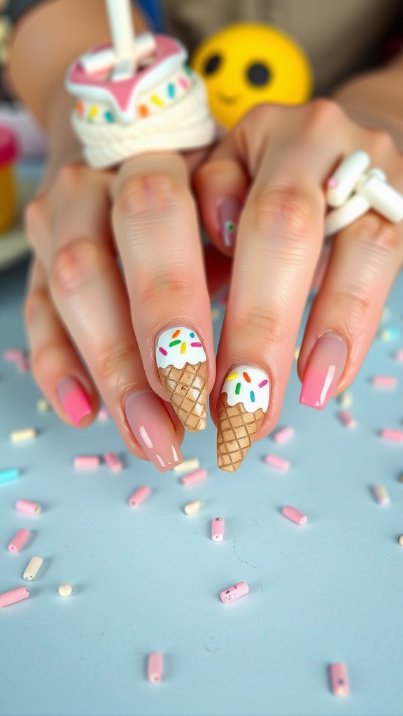 Nails painted to resemble ice cream cones with colorful sprinkles.
