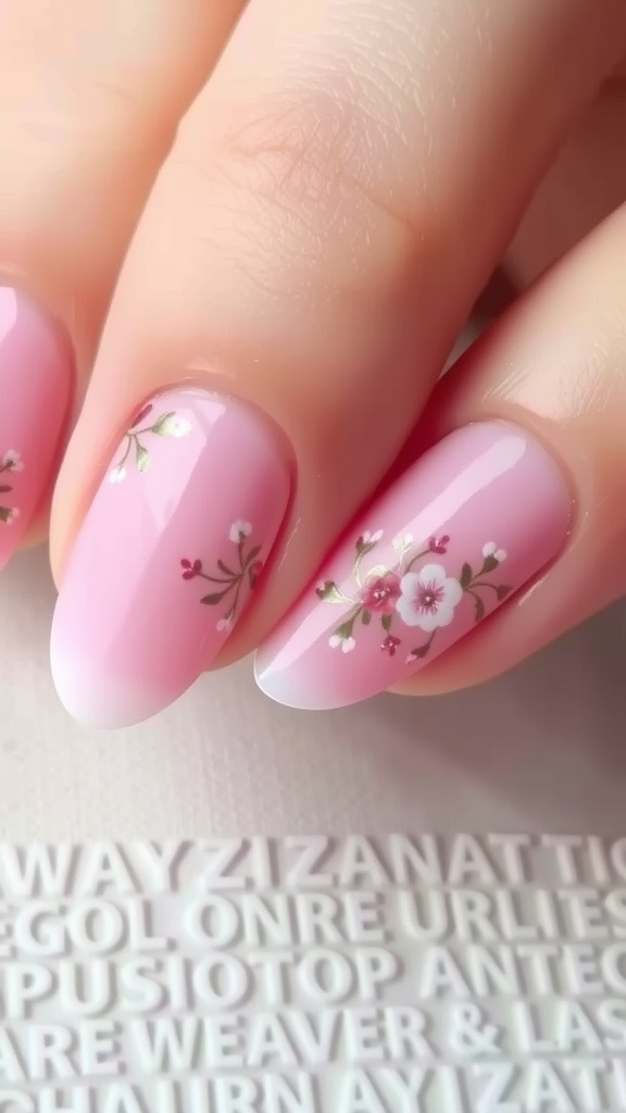 Close-up of short pink chrome nails featuring dainty floral designs