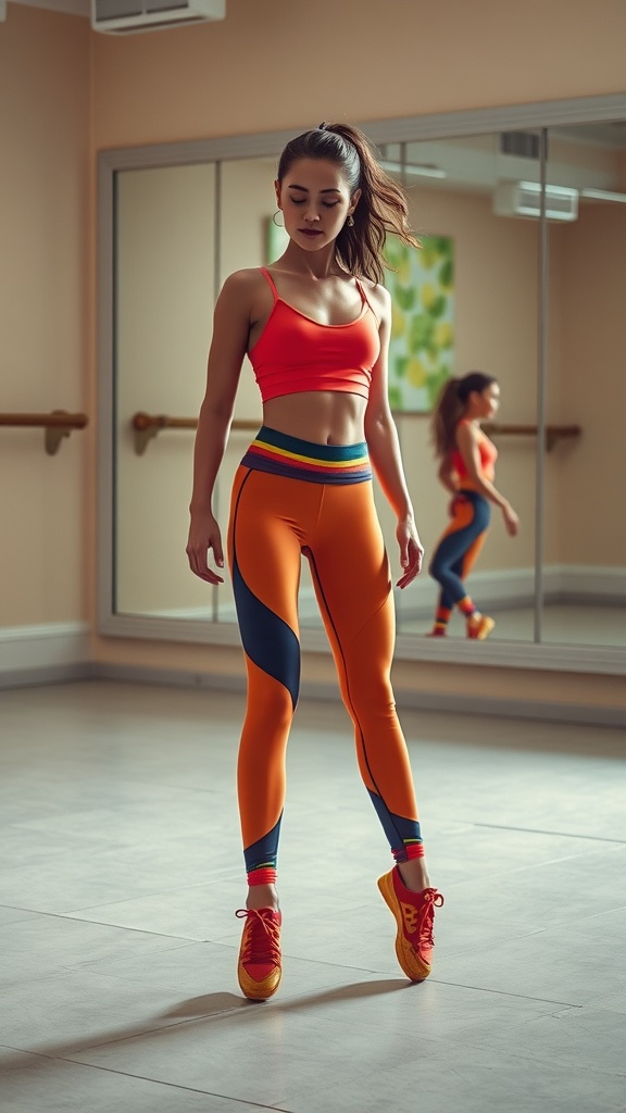 A dancer in a red top and colorful leggings practicing in a dance studio.