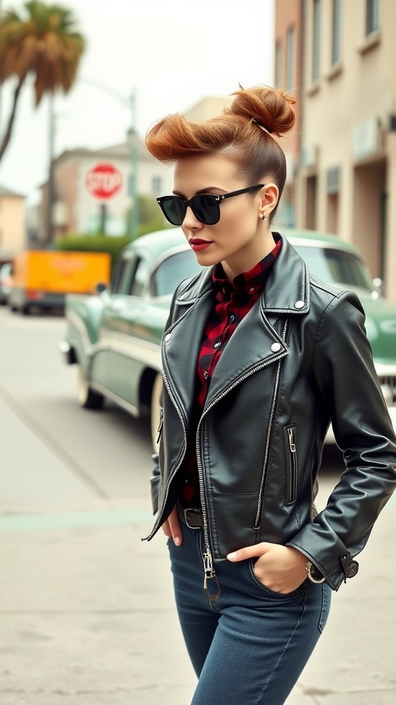 A stylish woman in a leather jacket and plaid shirt, embodying a 1950s rockabilly look.