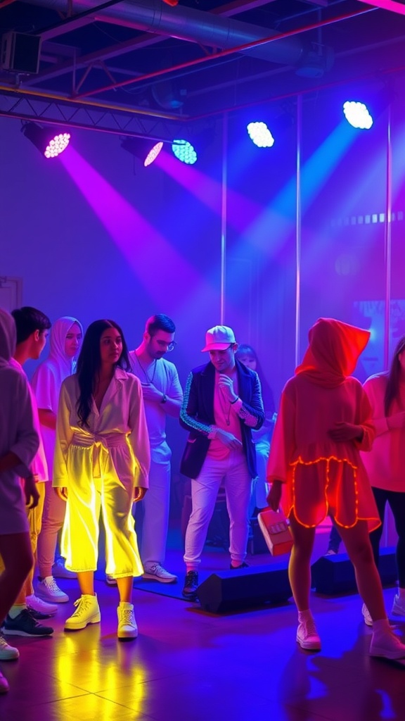 A group of friends dressed in neon outfits at a lively birthday party with colorful lighting.