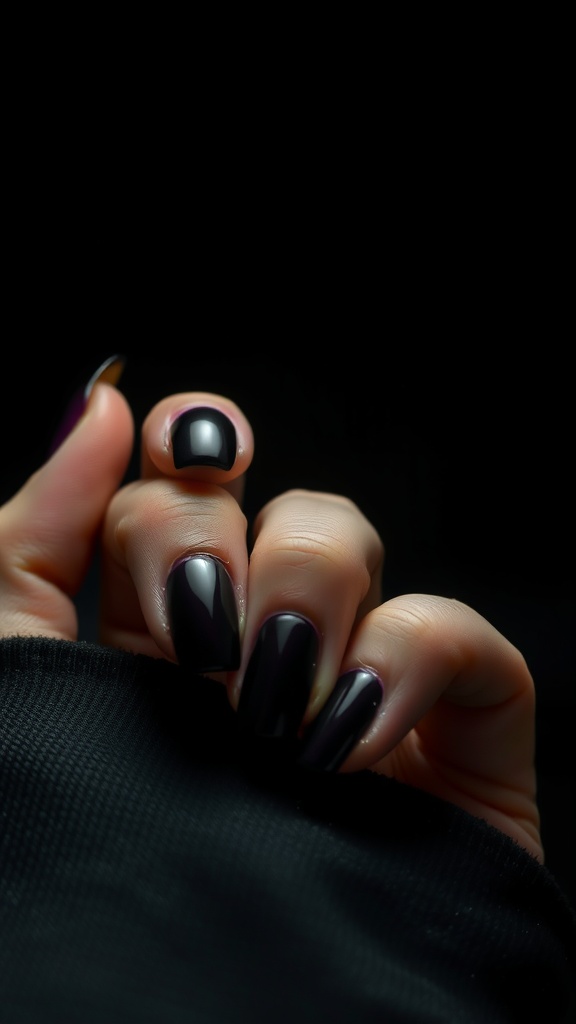 A hand displaying dark polished nails against a black background.