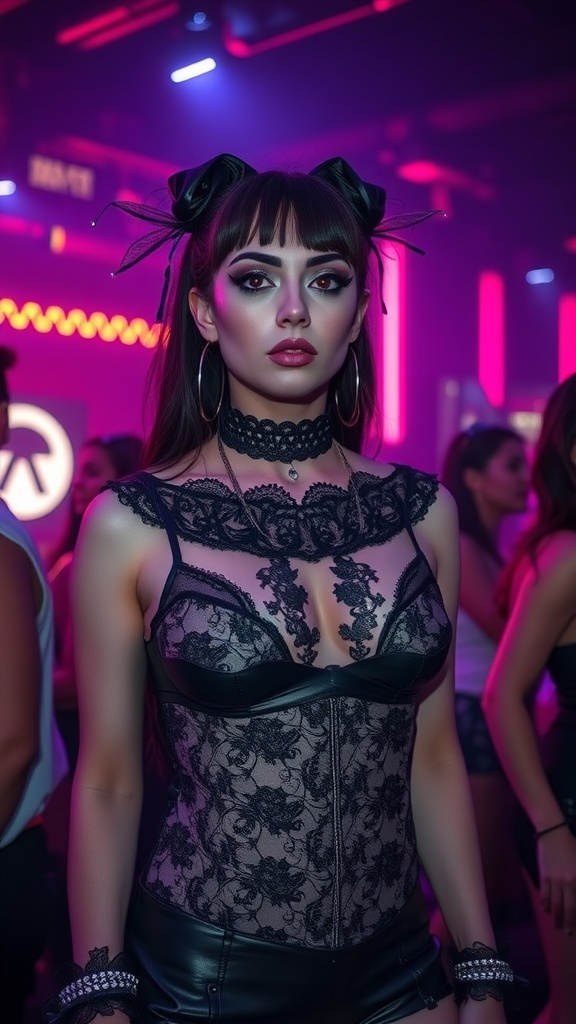 A model wearing a lace top with leather shorts, showcasing a goth rave outfit.