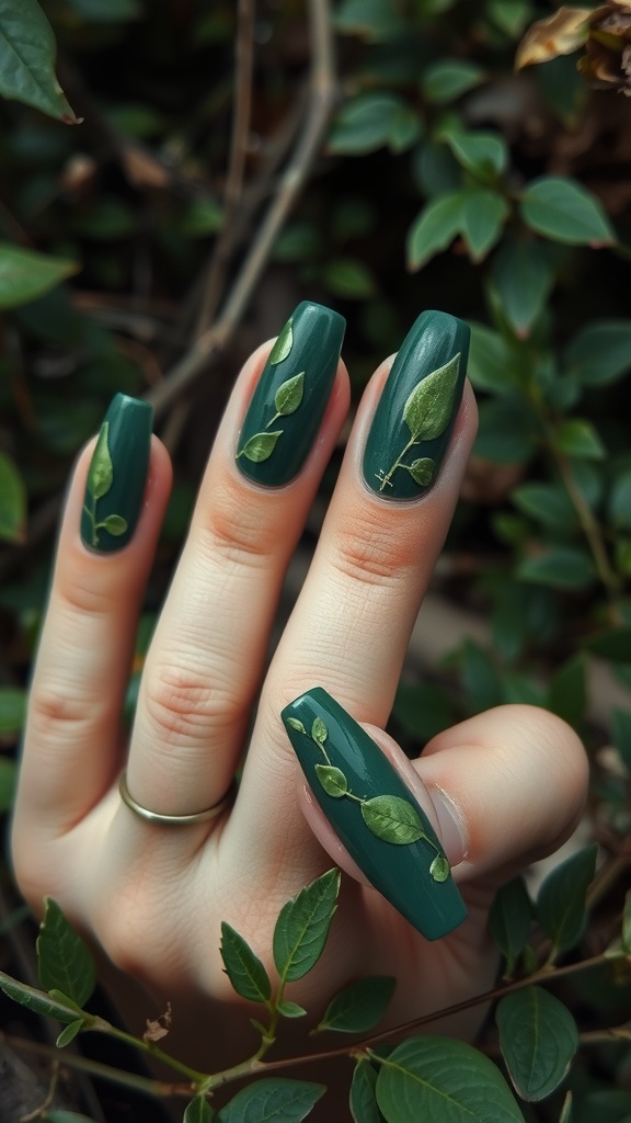 Dark green coffin nails decorated with leaf patterns