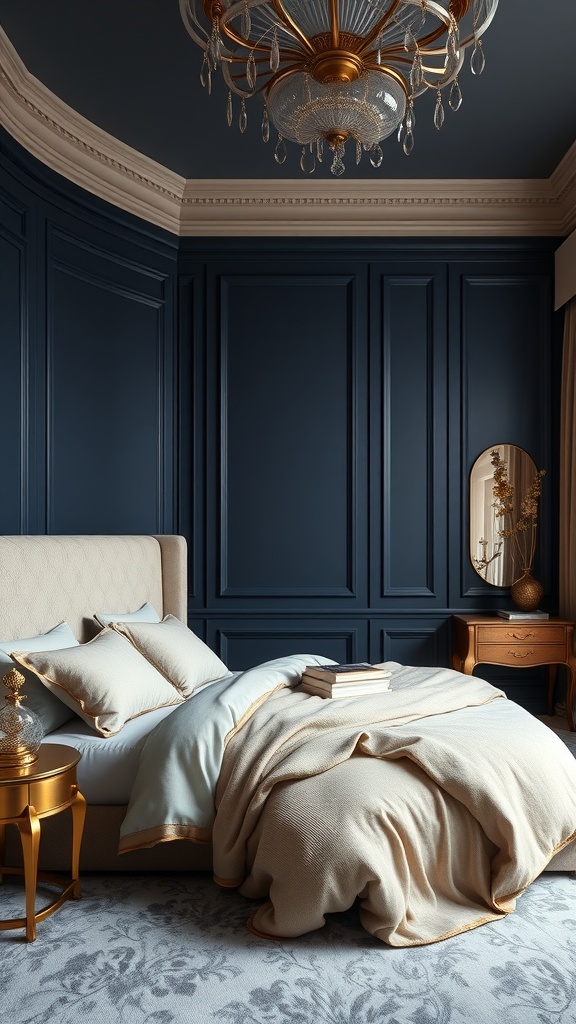 A beautifully designed bedroom featuring dark navy walls, light bedding, and elegant decor.