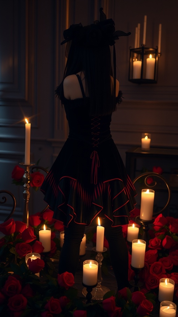 A figure in a black ruffled dress with a floral headpiece, surrounded by candles and roses.