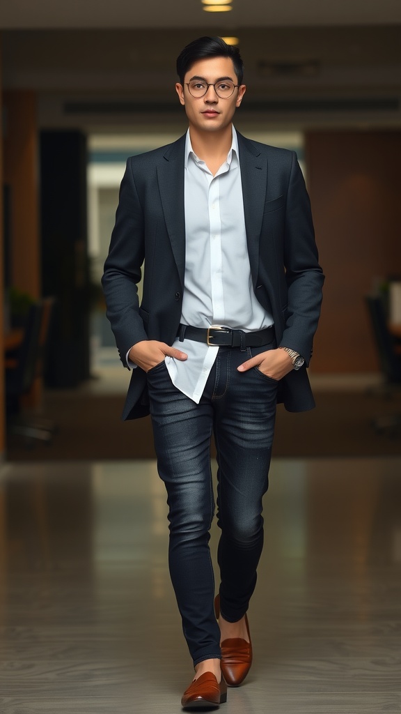 Man wearing dark washed jeans with a blazer, walking confidently in a business setting.