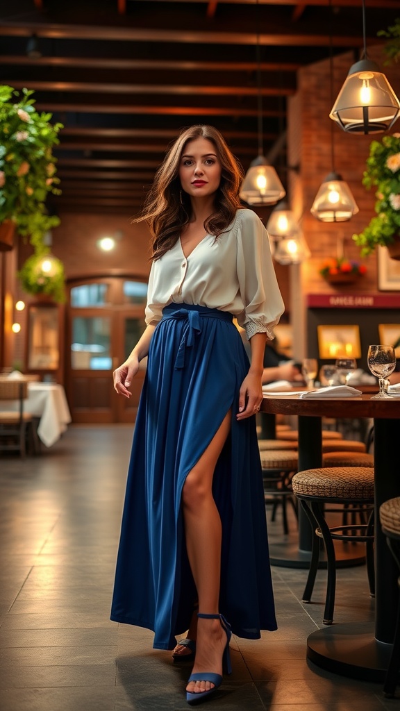 A woman in a blue maxi skirt with a slit and a feminine blouse, standing in a stylish restaurant.