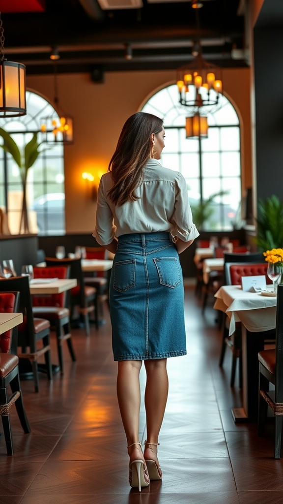 A woman wearing a denim mini skirt and blouse, walking through a warmly lit restaurant.