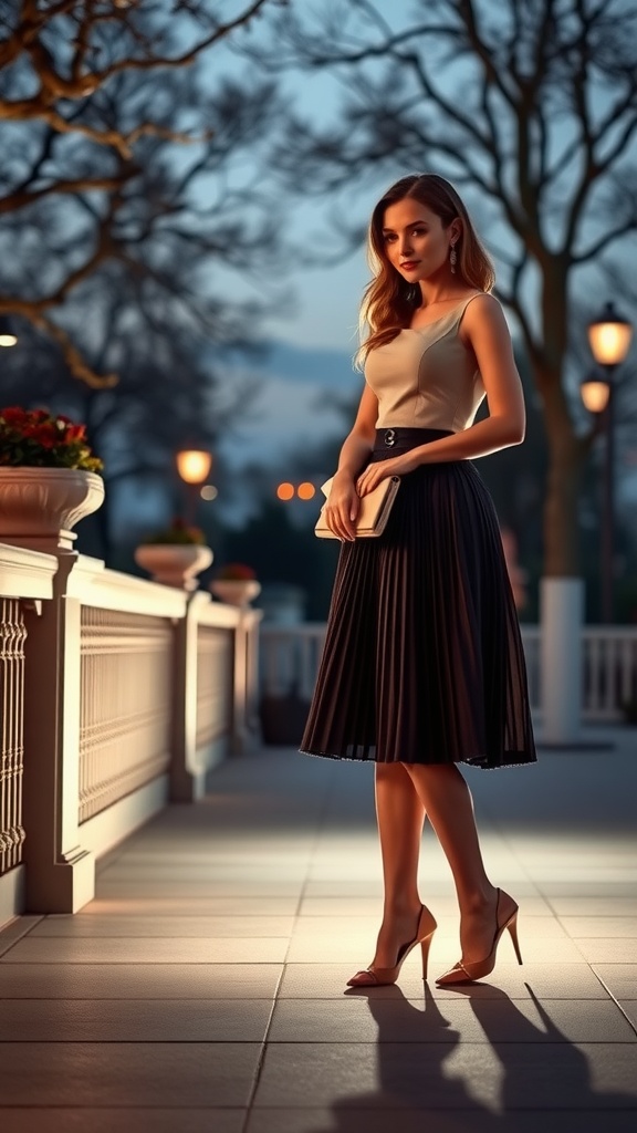A woman in a fitted top and pleated midi skirt stands elegantly in a softly lit outdoor setting, exuding grace and style.