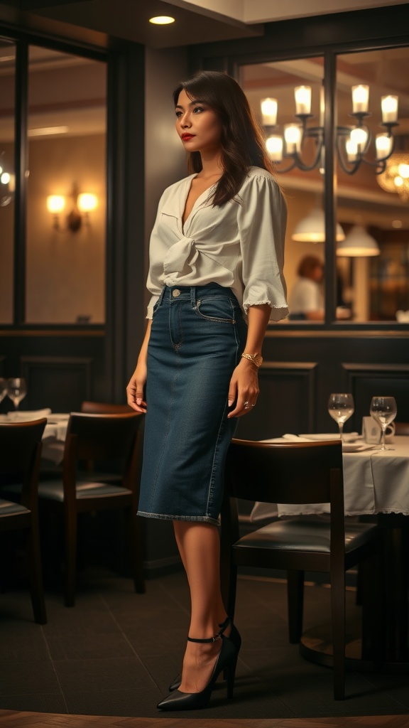 A woman in a fitted jean skirt and white blouse stands in a restaurant setting, poised and elegant.
