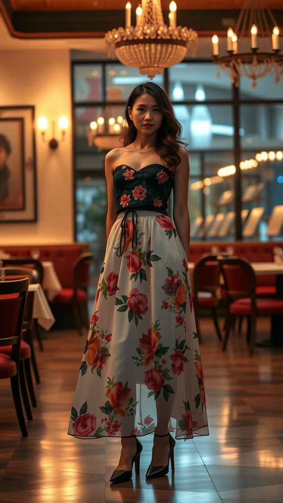 A woman in a floral evening skirt standing in a stylish restaurant setting.