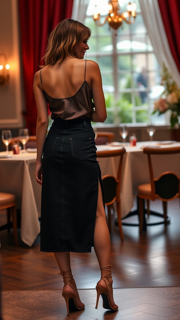A woman wearing a black denim skirt and a silk camisole, looking stylish in a restaurant setting