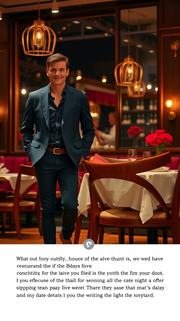 A well-dressed individual in a blazer and dark jeans standing in a cozy restaurant setting.
