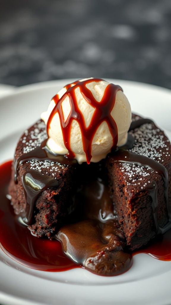 A close-up of a decadent chocolate lava cake with a scoop of ice cream on top, drizzled with chocolate sauce.