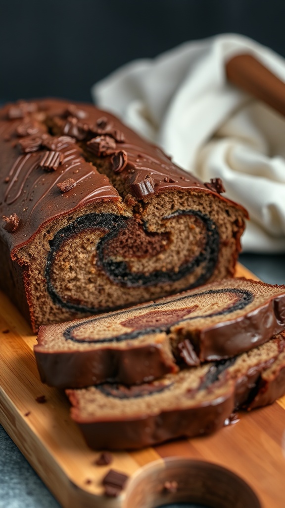 A loaf of chocolate banana bread with swirls and chocolate drizzle on top, sliced and placed on a wooden cutting board.