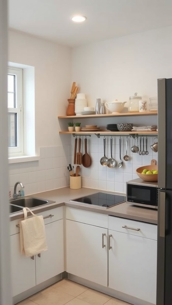 A small, tidy kitchen with open shelves, organized utensils, and a clean countertop.