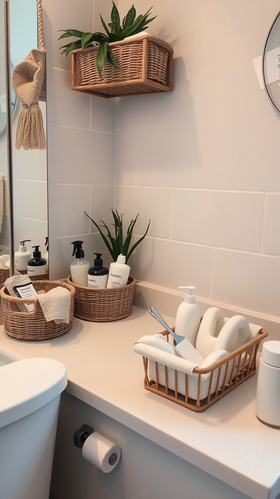 Image of a small bathroom countertop organized with woven baskets holding toiletries and rolled towels, complemented by a wall-mounted basket containing a plant.