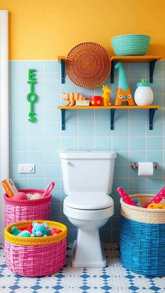 Colorful kids bathroom with decorative baskets and toys.