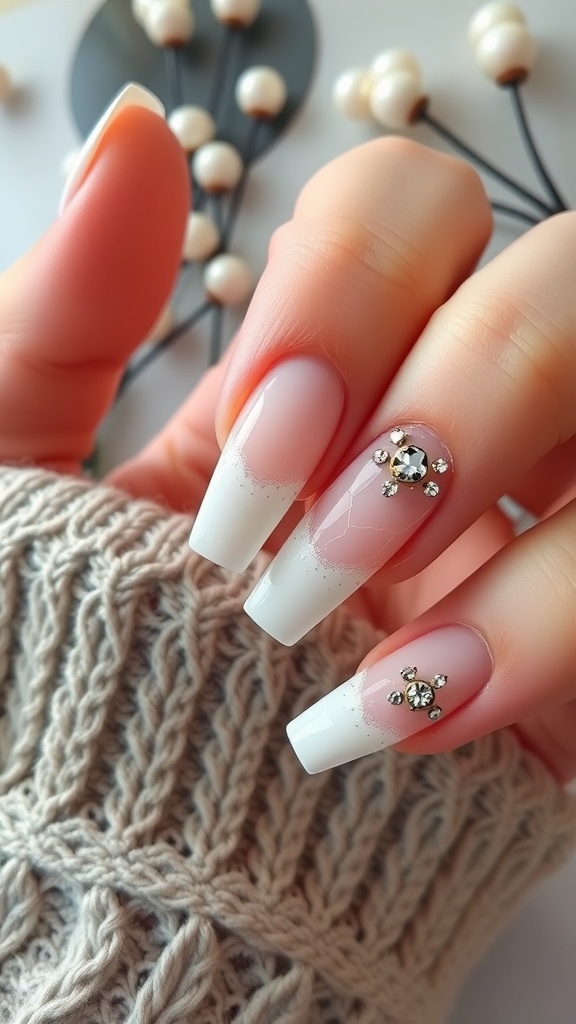 Decorative French nails with rhinestones and a soft gradient design on a cozy knitted background.