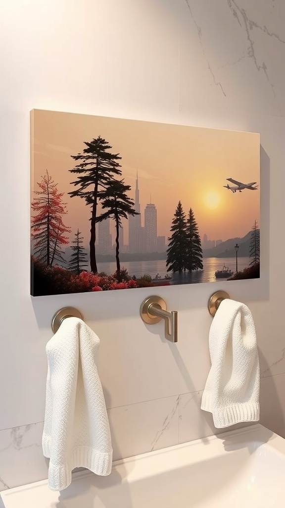 Decorative towel hooks with artwork above in a modern bathroom setting.