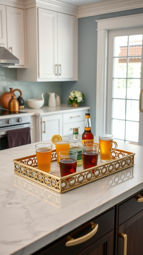 A decorative tray on a kitchen island filled with various beverages, including juices and sparkling water.
