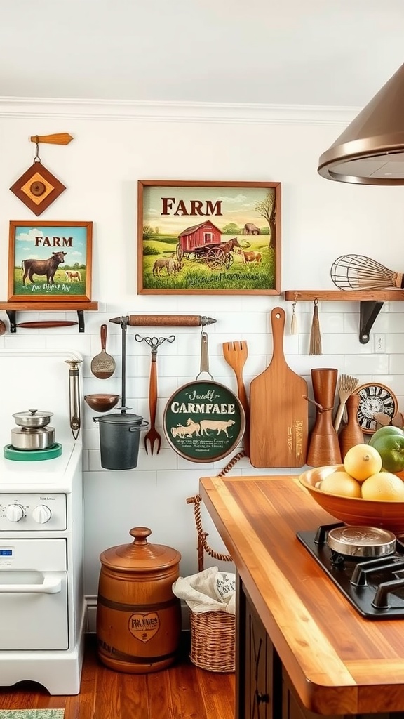 Decorative wall art in a farmhouse kitchen featuring a red barn and a cow illustration