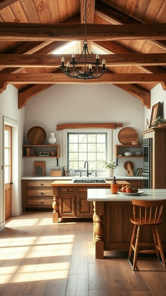 A rustic farmhouse kitchen with decorative wood beams on the ceiling and wooden furniture.