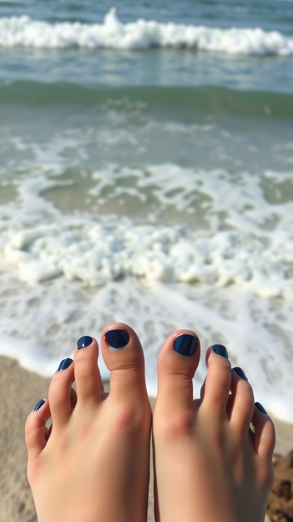 Close-up of feet with deep ocean blue toenail polish on a beach with waves in the background.