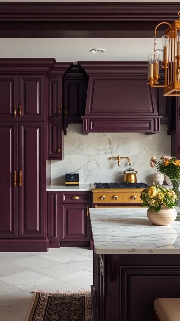 A kitchen featuring deep plum cabinets, marble countertops, and gold accents