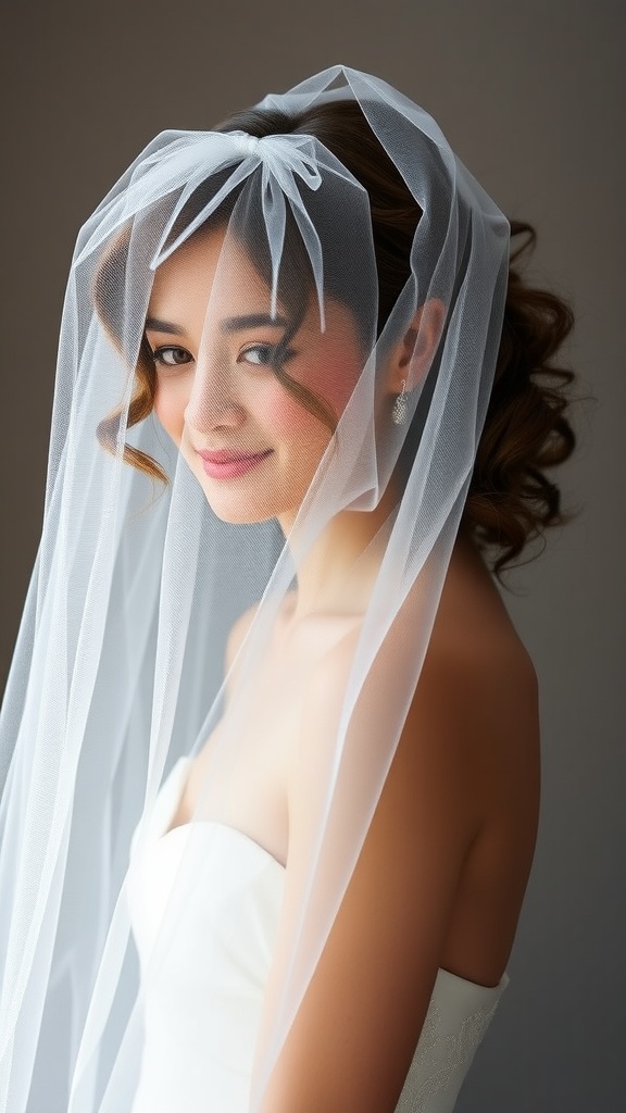 Bride with defined curls and a tulle veil, showcasing a romantic and elegant hairstyle.