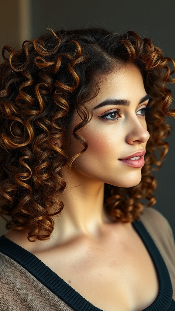 A woman with a curly mullet hairstyle, showcasing defined curls and a stylish look.