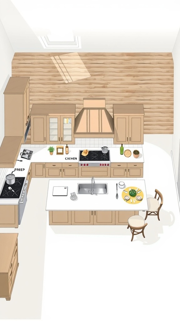 An illustrated layout of a double island kitchen showing a cooking area and a prep/dining area.