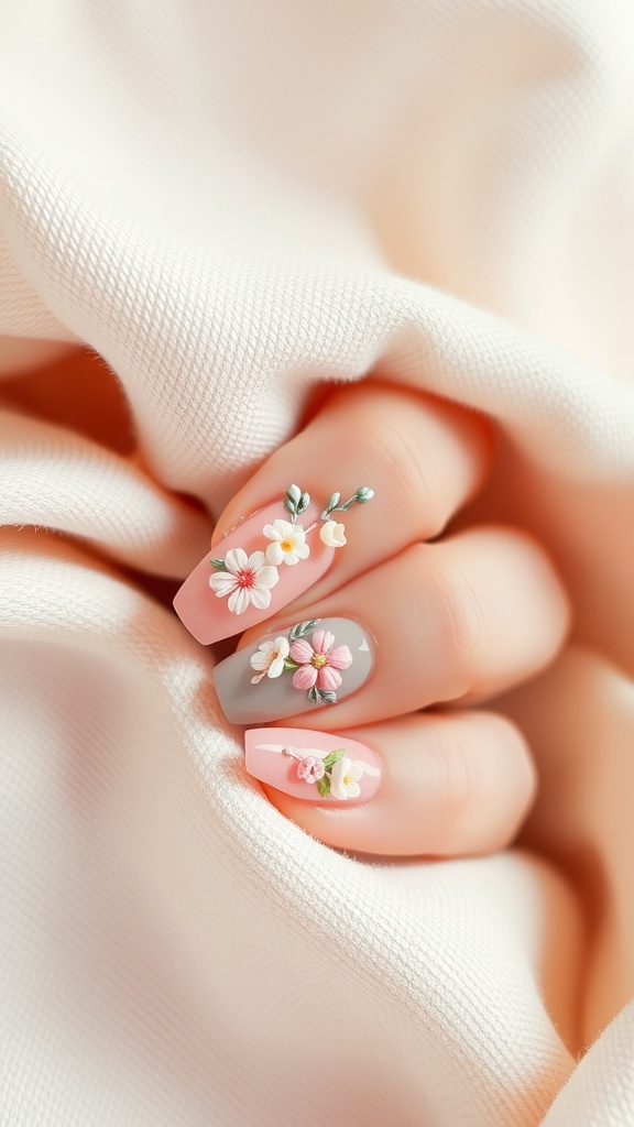 Nail art featuring delicate floral designs on a soft background