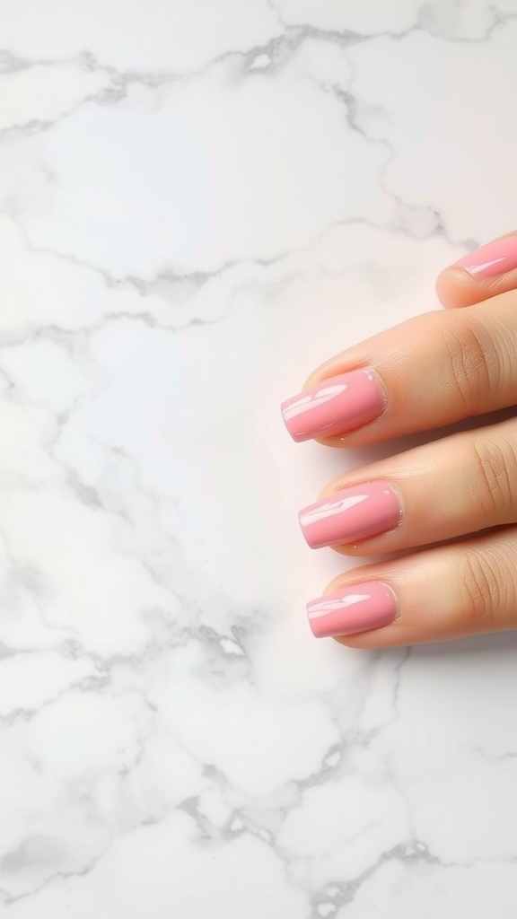 Close-up of a hand with delicate pink French tip nails resting on a marble surface.