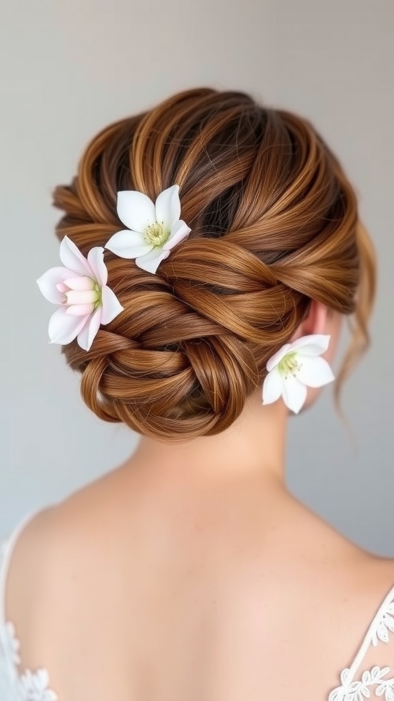 Delicate twisted updo hairstyle with flowers for short hair