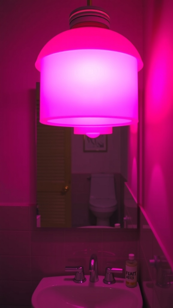 A pink retro bathroom featuring a vibrant pink lighting fixture.