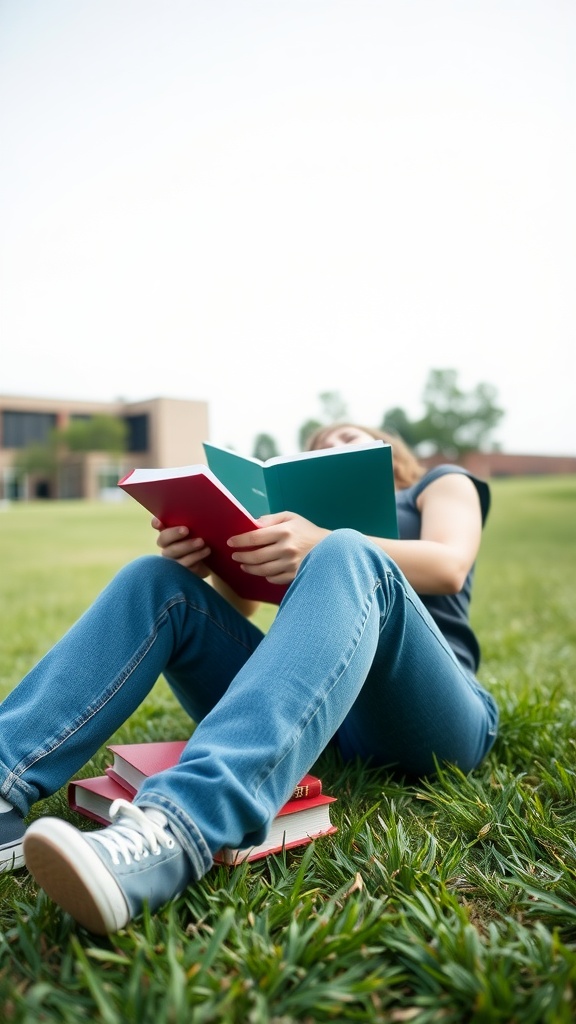 A student sitting on the grass, reading a book, wearing denim jeans and sneakers.