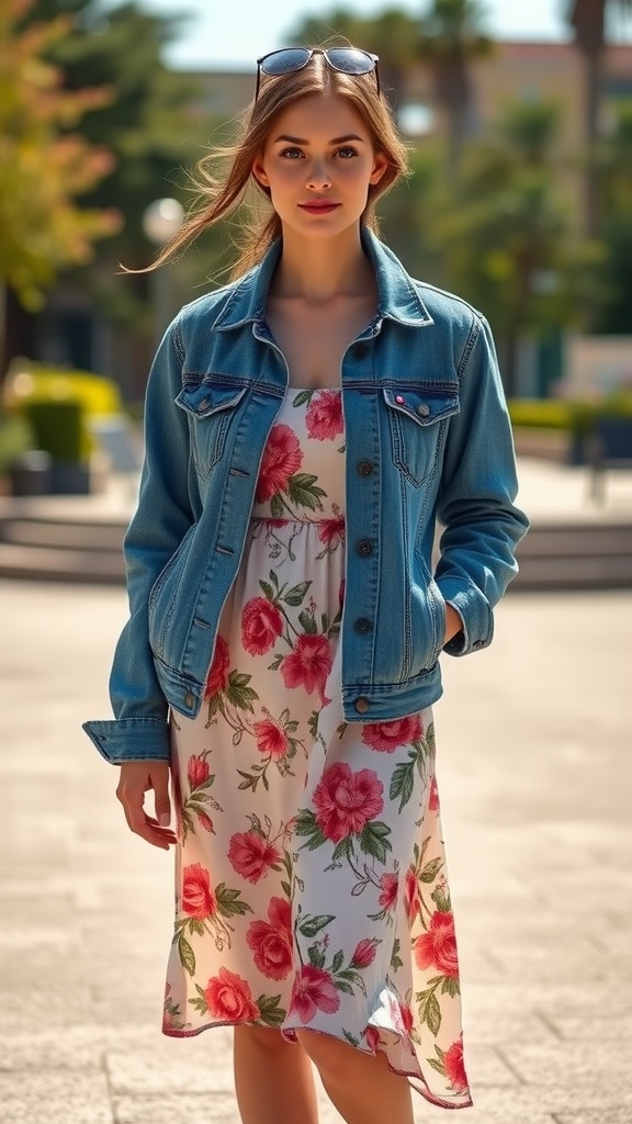 A woman in a denim jacket and floral dress, standing outdoors with a relaxed look.