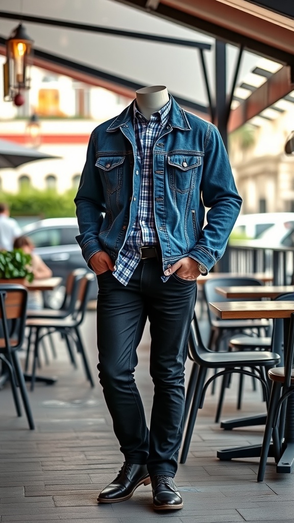 A mannequin wearing a denim jacket over a checkered dress shirt, paired with dark pants and shoes, standing in a café.