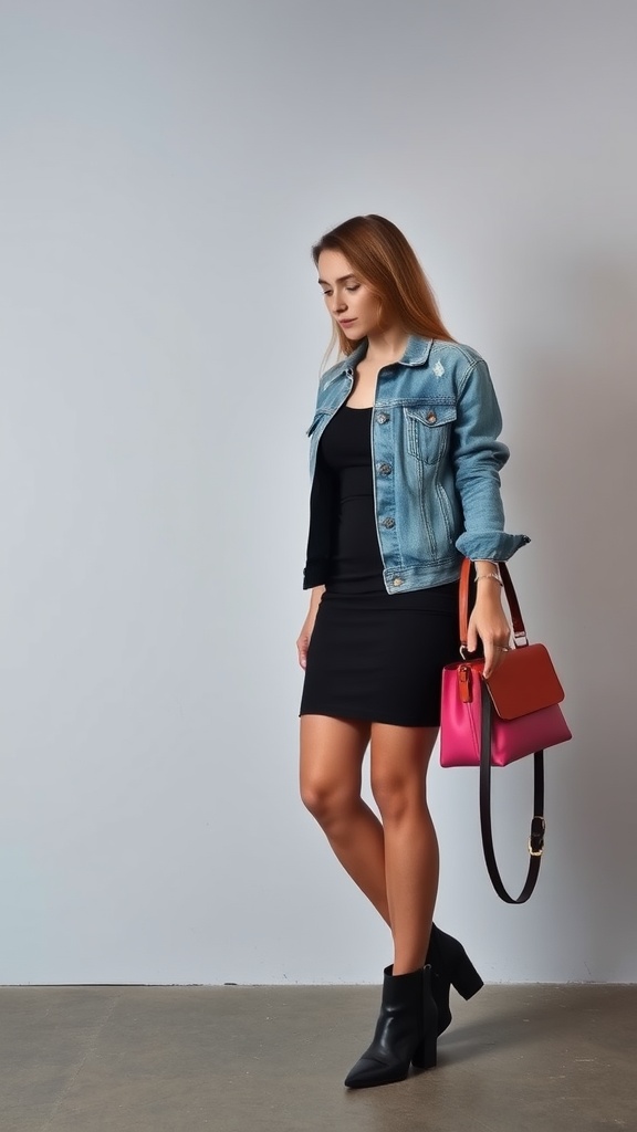 A woman wearing a denim jacket over a little black dress, holding a colorful handbag and wearing ankle boots.